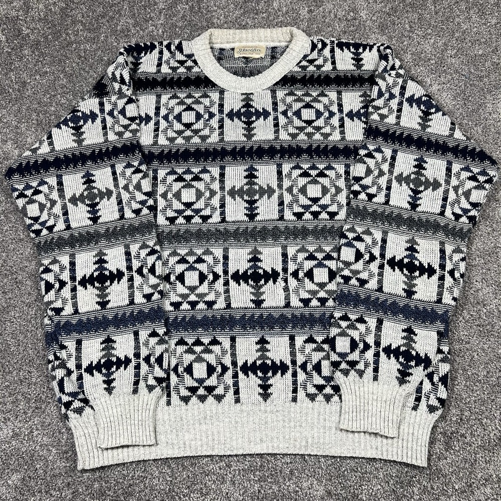 Vintage 80s 90s Mens L Geometric Southwestern Knit Crewneck Sweater St Johns Bay